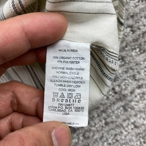 PrAna Shirt Men Extra Large XL Cream White Gray Striped Button Up Long Sleeve - Picture 9 of 12